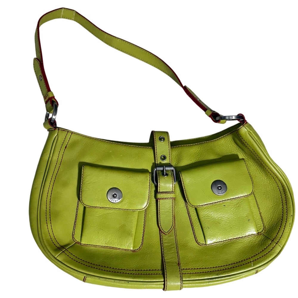 Hype Lime Green Leather Shoulder Bag with Red Stitching and Buckle Detail